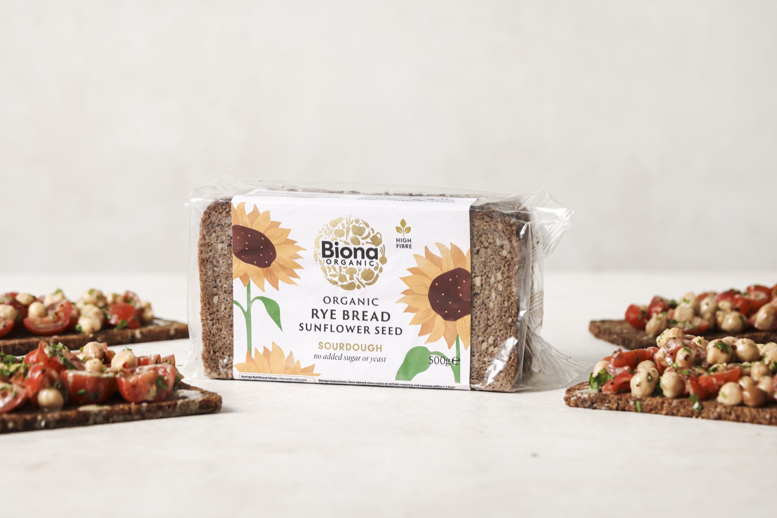 Biona sunflower seed rye bread with tahini tomato and chickpea toasts